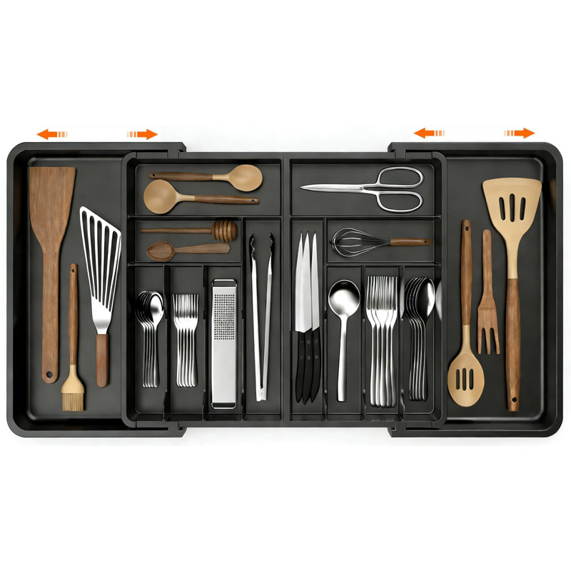 Utensil Organizer For Kitchen Drawer, Expandable Cooking Silverware Tray,Large Silverware Drawer Organizer,Plastic Spatula Tools Storage Divider, 21.6-38", Black