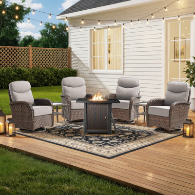 Totnes 4-Person Wicker Patio Square Metal Fire Pit Table Conversation Set With Swivel Gliders And Side Tables
