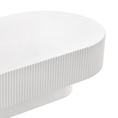 Modern Cream Oval Coffee Table Fluted Drum Design Thick Tabletop White Living Room End Table