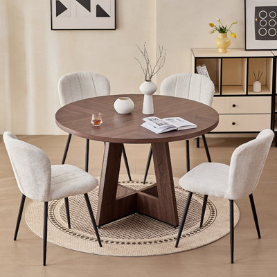 Ensemble de salle à manger moderne 5 pièces, table en noyer avec 4 chaises rembourrées blanches