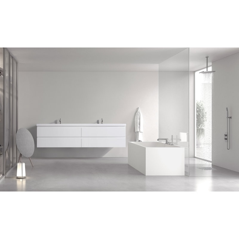 84" White Plywood Floating Double Sink Vanity with Resin Top