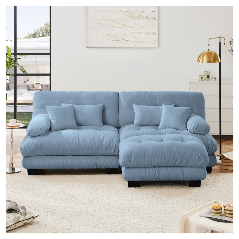Canapé modulaire en chenille bleu, canapé rembourré 2 places avec repose-pieds convertible et coussins décoratifs pour le salon