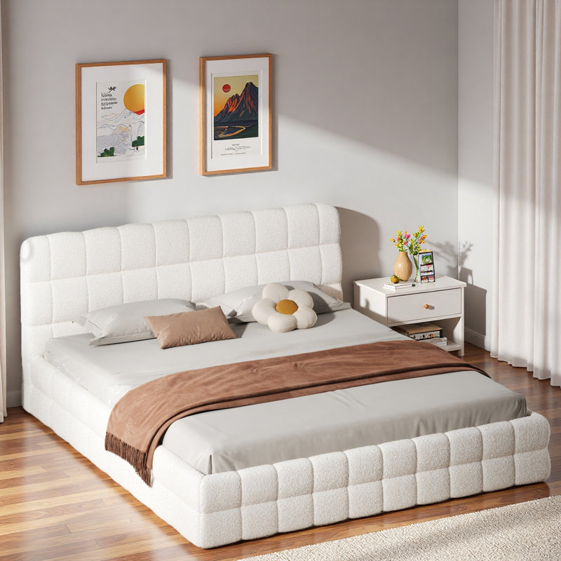 Élégant lit plateforme tapissier avec coutures et soutien solide, Blanc / Blanc