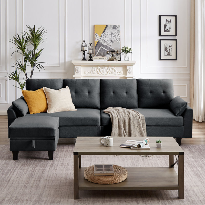 Canapé modulaire rembourré 101 po avec méridienne Linnzi, Gris foncé