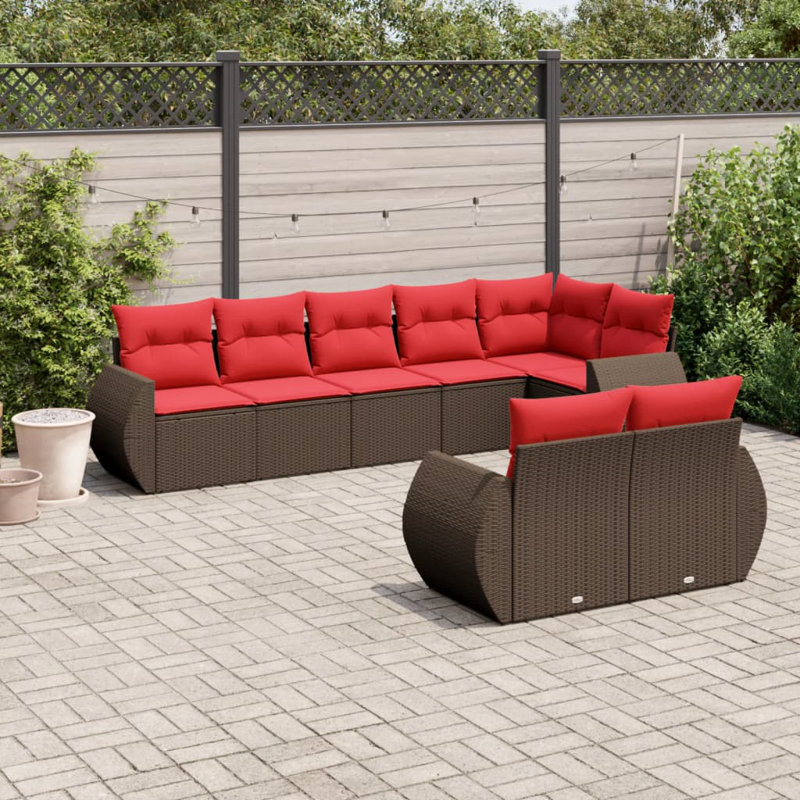  Ensemble de canapé de patio 8 pièces avec coussins en rotin de polyester brun, Rouge, Brun