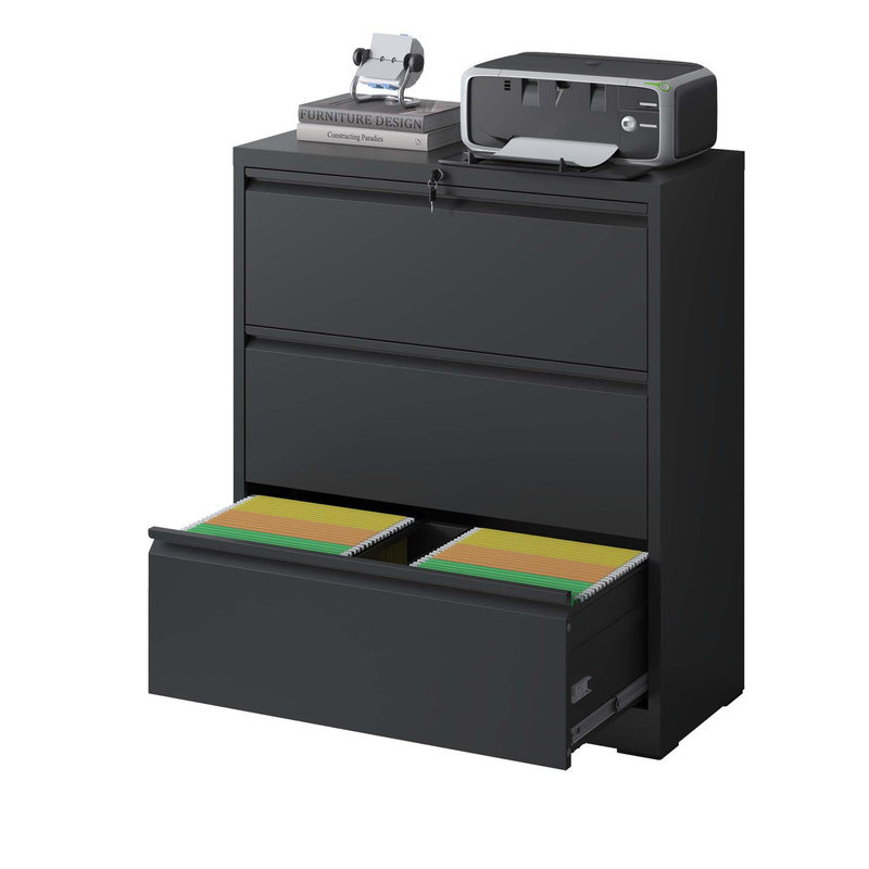 3-Drawer Lateral File Cabinet - Black Locking Metal Storage for A4/Legal Files