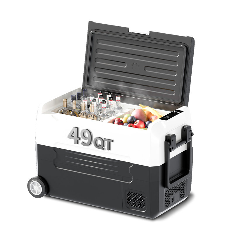 49QT(45L) Ultra-fast Cooling Car Refrigerator with Dual-compartment Independent Temperature Control & Display, -4?~68?,Portable Car Fridge with Robust Wheels & Handle For Easy Rolling, 12/24V DC, 110V/220VAC, Black/Grey
