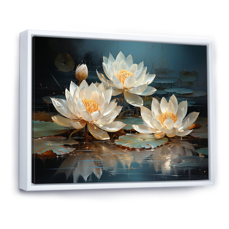 Fleurs de lotus baignées au clair de lune - Art sur toile de lotus, Cadre flottant blanc, H 30 po x l 40 po x P 1,5 po