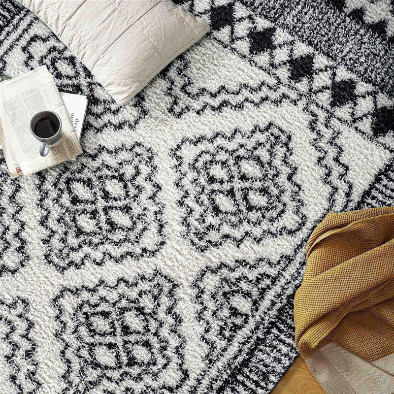 Tapis blanc à poils longs à motif géométrique - facile à nettoyer, facile à nettoyer, Runner 2'2" x 8'