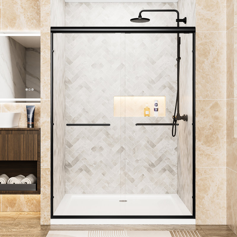 Porte de douche coulissante double l 54 po x H 72 po avec verre trempé transparent de 1/4 po (6 mm), cadre en aluminium noir mat, poignées doubles en acier inoxydable, largeur réglable, configuration améliorée et réversible pour la salle de bain H, verre