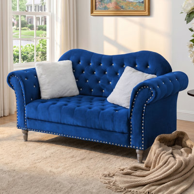 66.5" Velvet Loveseat, Crystal Diamond Tufted Chesterfield, Blue