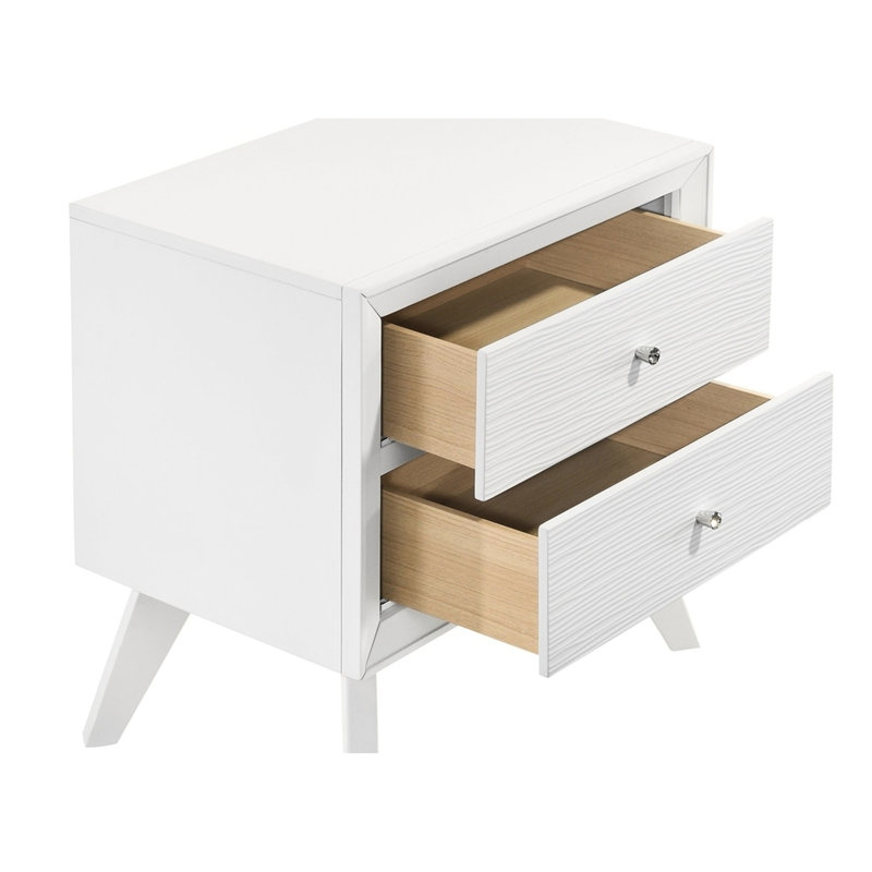 Chambre à coucher blanche 3 pièces: grand lit 2 tables de chevet, conception à texture ondulée avec panneau de tables de chevet d'angle et pieds de tête en bois massif