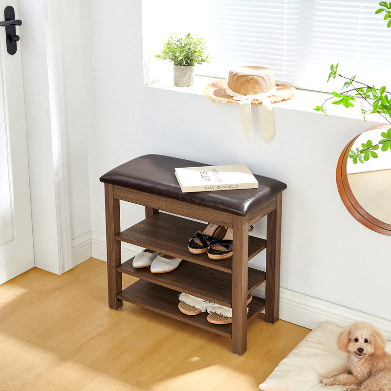 A Height-Adjustable Shoe-Changing Bench Made Of High-Quality Wood, Equipped With A Comfortable Seat And Concealed Storage Space,Natural Rubber Wood,Brown