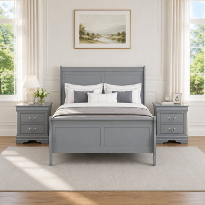 3 Piece Transitional Solid Wood Sleigh Bedroom Set, Queen/Full/Twin Size Sleigh Bed Frame with 2 Matching 2-Drawer Nightstands, Foundation Required