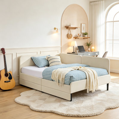 Upholstered Daybed Frame with 2 Storage Drawers and Adjustable Fence, Convertible Sofa Bed for Guest Room Living Room, Beige, Full Size