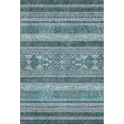 3' X 5' Teal And Ivory Southwestern Washable Area Rug With UV Protection