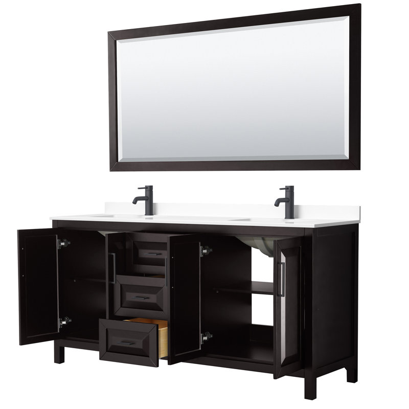 Ensemble de meuble-lavabo double 72 "avec miroir Daria, Marbre de culture blanc, Espresso foncé, Noir mat