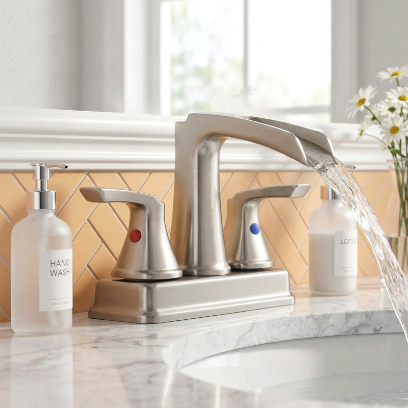 Widespread Bathroom Faucet 3-Hole, 2-Handle Waterfall Sink Faucet With 360° Swivel Spout And Drain Assembly, Brushed Nickel