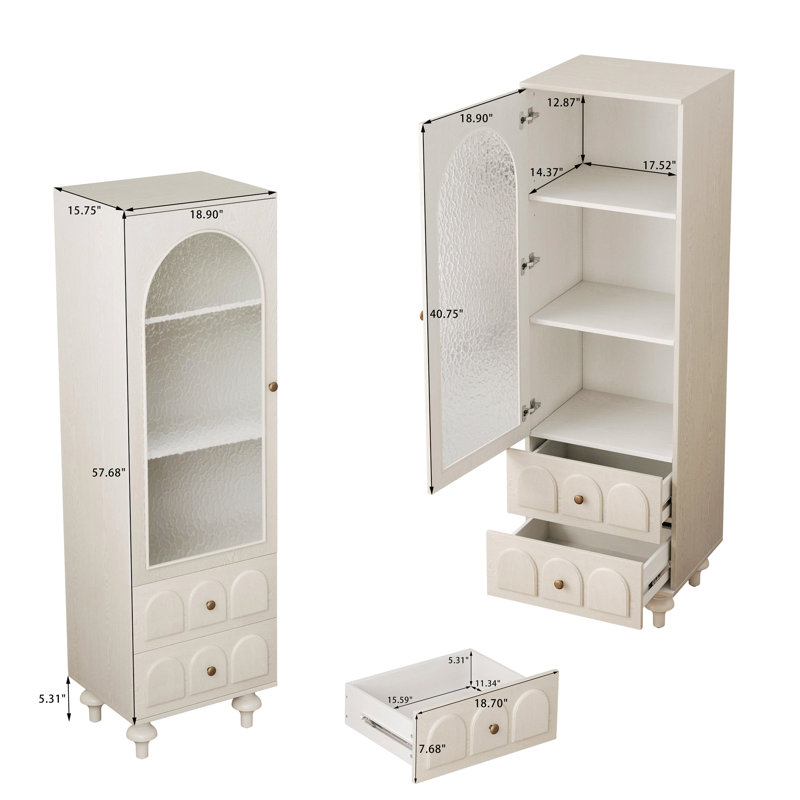 Armoire de rangement, vitrine avec porte en verre trempé, tiroirs et une tablette réglable, Blanc