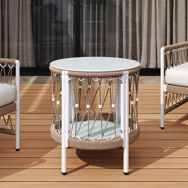 Table d'appoint de style bohémien 16,86 po pour fêtes en plein air avec corde tissée à la main et plateau en verre