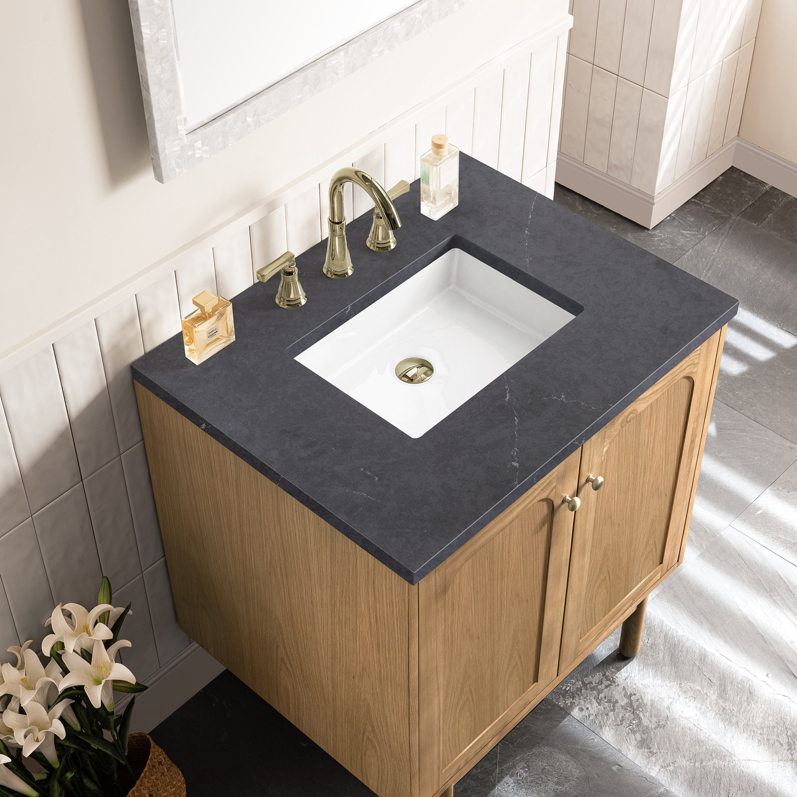 Laurent 30'' Single Bathroom Vanity, Charcoal Soapstone, 8" Widespread, Light Natural Oak