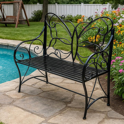 Outdoor Bench Patio Outdoor Sturdy Rust-Resistant Garden Bench Butterfly Cast Iron Metal With Armrests For Garden, Park,Yard, Patio, Porch, Lawn Doubl