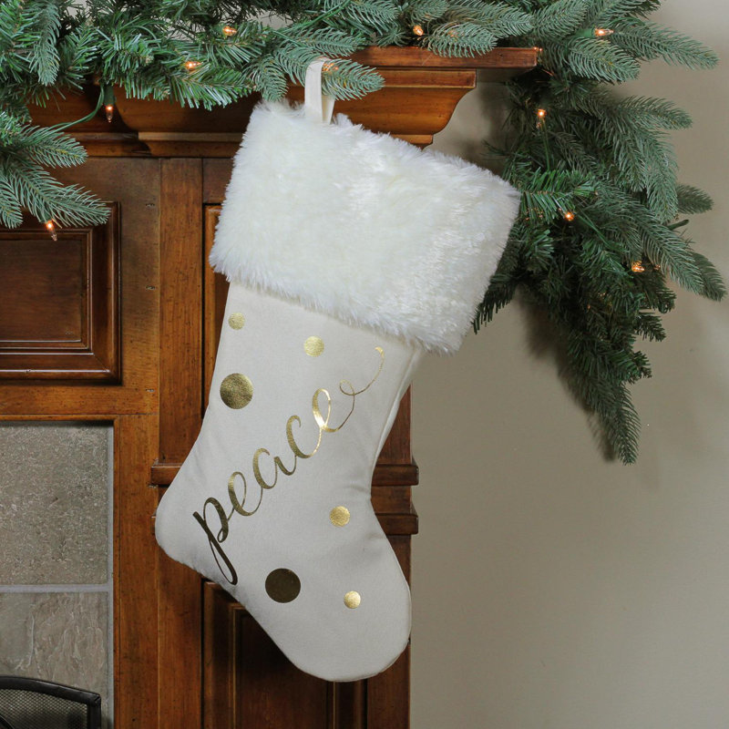 Chaussette de Noël 19 po "Peace" en feuille d'or blanc ivoire avec manchette en fausse fourrure blanche