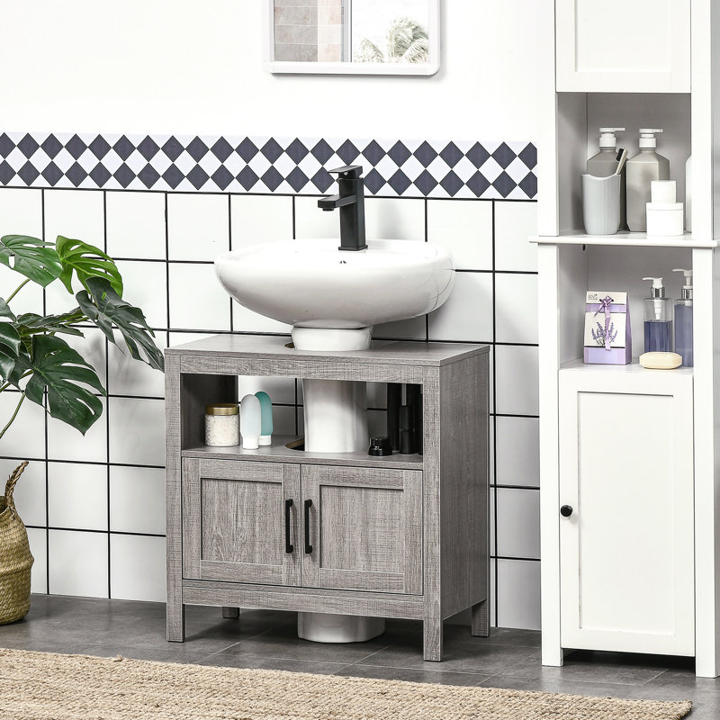 Armoire de salle de bain compacte avec 2 portes et tablette ouverte, rangement sous la porte gris
