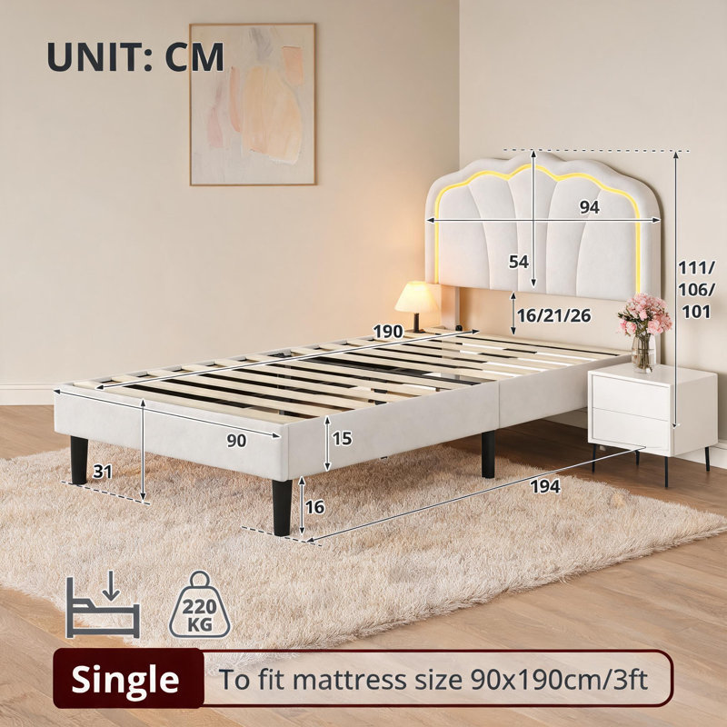 3ft Single Upholstered Bed with LED Adjustable Shell Headboard, Soft Velvet Bed Frame, Solid Wood Slats, No Box Spring Needed, Easy Assembly, Cream White, 90x190cm