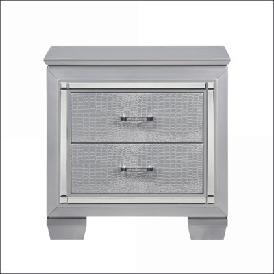 Glam Black Faux Alligator Nightstand with 2 Dovetail Drawers and LED
