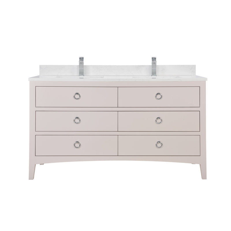 60" Solid Wood Sink Vanity With 1" Artificial Stone Top, Polished Chrome, Dreamy White