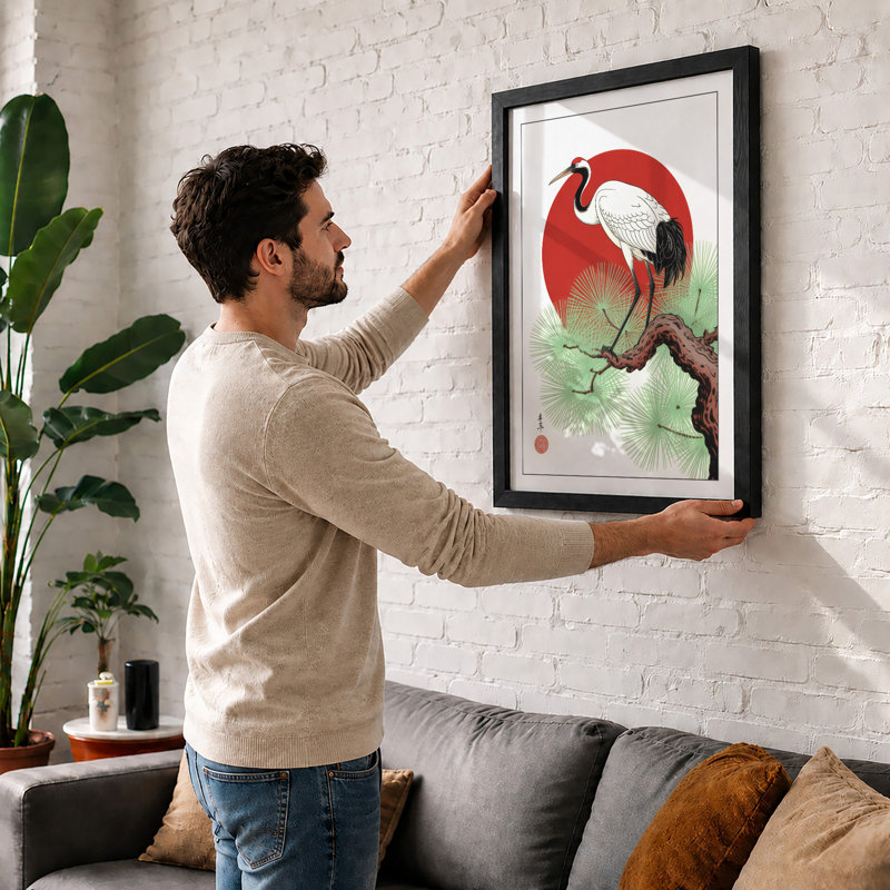 Crane at Dawn Japandi - Framed Print, A1 - 84.1 x 59.4 cm, Black