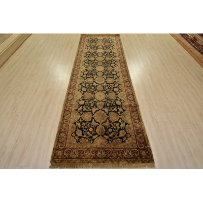 Tapis oriental noir en laine noué à la main 4 pi x 11 pi 8 po Agra