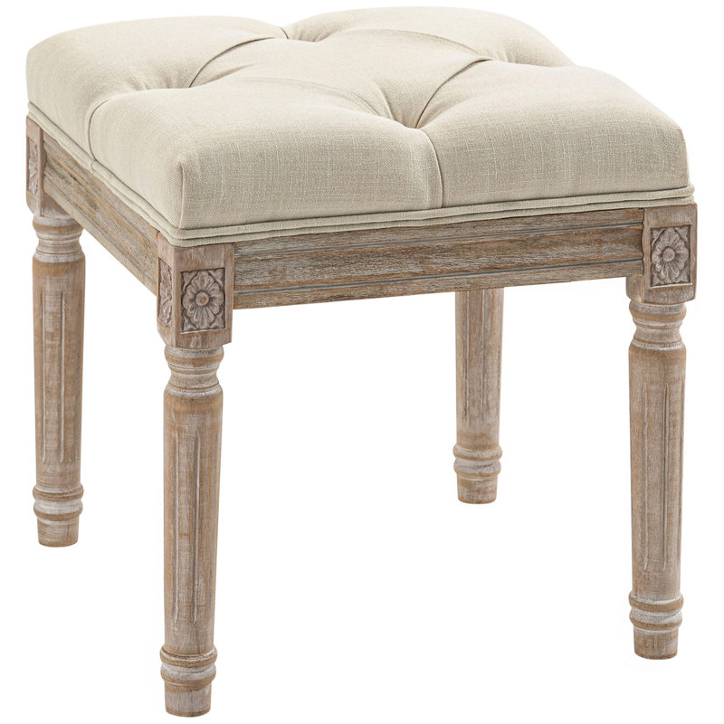 Repose-pieds 16 po, repose-pieds capitonné avec siège rembourré, pieds en bois rustique pour chambre à coucher, salon, beige