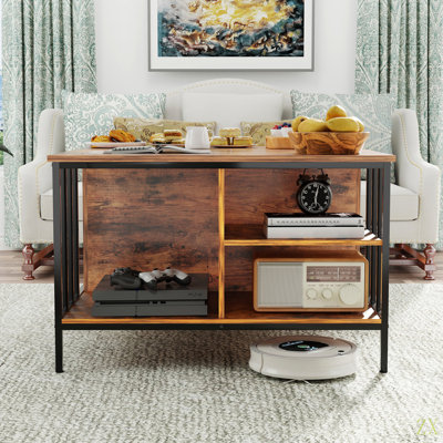 Table basse à plateau relevable avec rangement Farmhouse - Table de salon à hauteur réglable de 31,5 po, centre multifonctionnel pour la famille avec compartiment caché et 3 tablettes (capacité de 110 lb, facile à nettoyer)