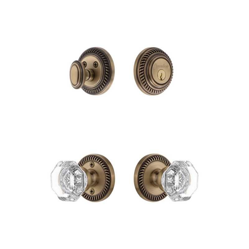 Grandeur Newport Rosette Entry Set with Chambord Crystal Knob in Timeless Bronze, Vintage Brass, 2.75"
