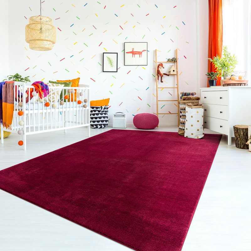Soft Area Rug Cozy Low-Pile Rug Anti-Slip Solid Color Washable, Rectangle 3'11" x 5'7", Red