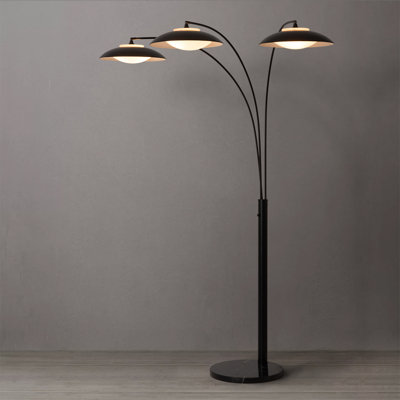 Saucer 86" Premium 3-Light Arc Floor Lamp, Contemporary, Dimmable, Matte Black Shade with White Interior, Adjustable Arc Design, Marble Base, LED Compatible