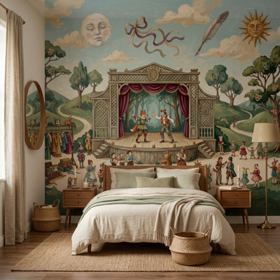 Storybook Theatre Wallpaper Outdoor Stage Vintage Illustration Wall Mural