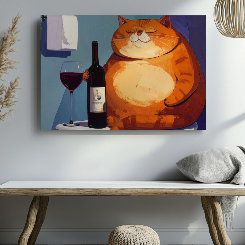 Toile, reproduction d'art sur toile Un chat orange sur une chaise tenant une bouteille de vin dans une main et un vin de qualité supérieure prêt à accrocher moderne