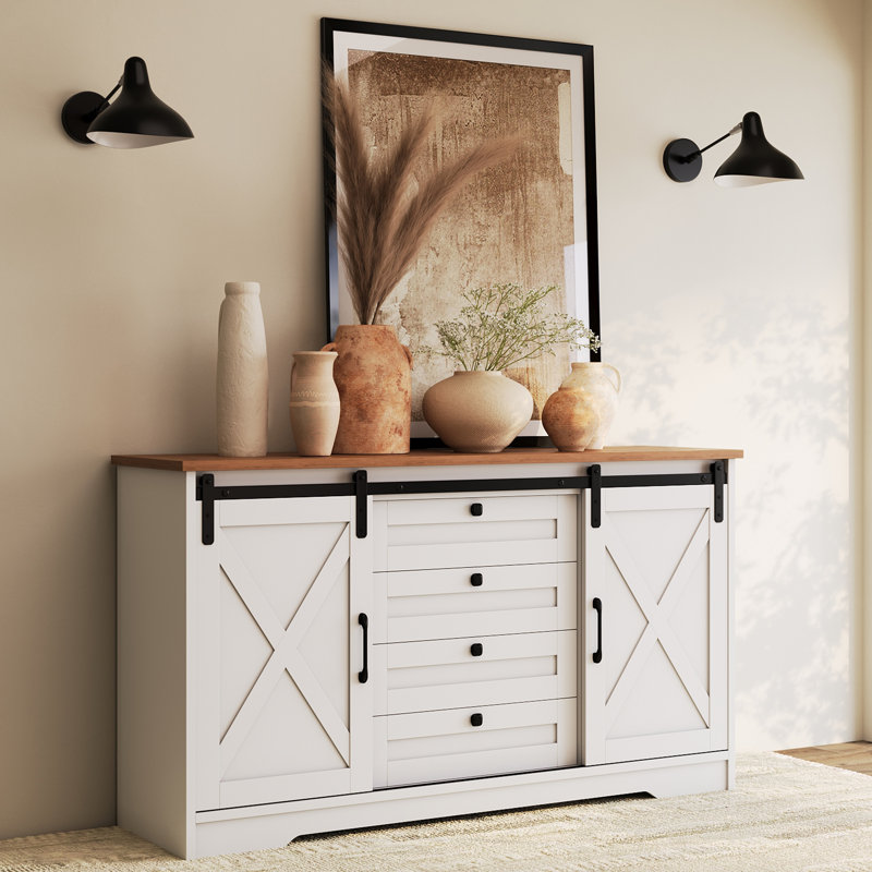 Ertekin 55.11‘’ Wide Rustic Sideboard with 2 Sliding Barn Doors and 4 Drawers, Tv Stand Cabinet, White/Walnut
