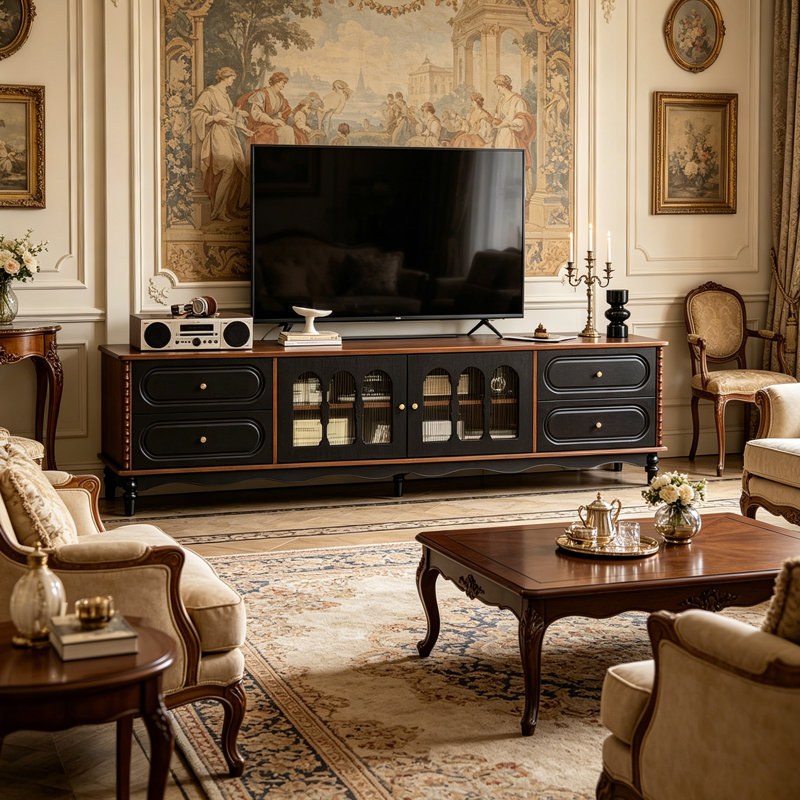 Grand meuble télé en bois avec rangement, H 22,83 po x L 86,61 po x l 15,74 po