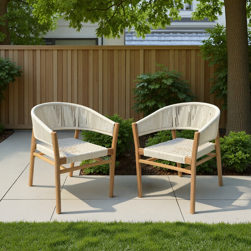 Ensemble 2 pièces de chaises de patio en teck tissé avec corde beige