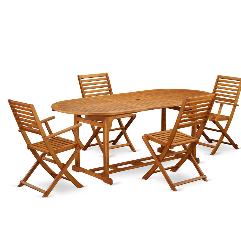 5 Piece Patio Dining Set Includes an Oval Outdoor Acacia Wood Table and 2 Folding Arm Chairs with 2 Side Chairs, 36x78 Inch, Natural Oil