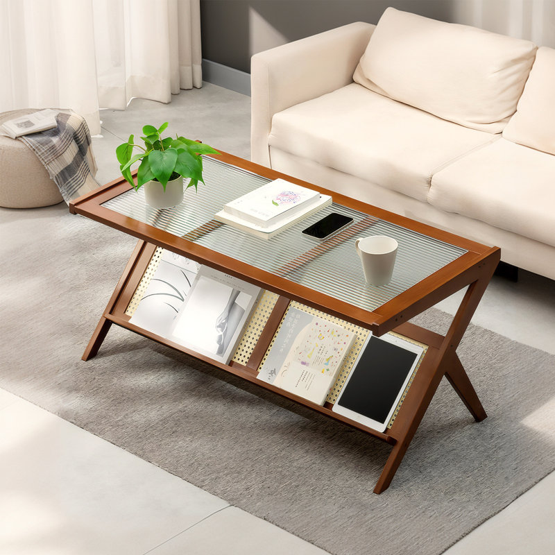 Table basse Mid-Century moderne en rotin Boho avec plateau en verre ondulé et rangement - Structure en Z en bambou brun, fabrication robuste pour le salon, le bureau et le salon