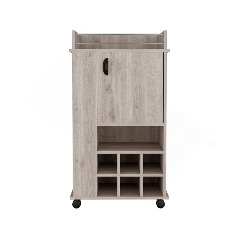 Chariot-bar avec armoire, 6 porte-bouteilles et roulettes intégrés, Grey, 38.8" H x 16.3" W x 21.7" D, MDF