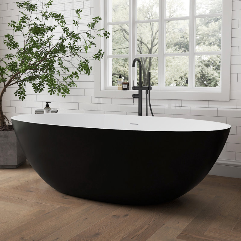 71" Solid Surface Bathtub, Stone Resin Freestanding Soak Tub For Bathroom, Black Exterior White Interior