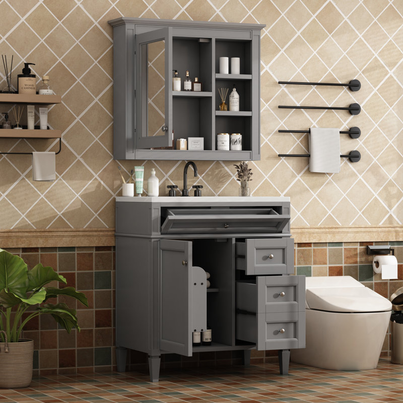  Vanity with Sink, Cabinet with 2 Drawers and Tip-out Tray, Freestanding Set with Mirror Cabinet