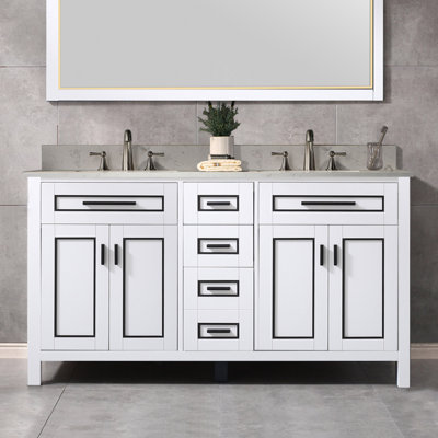 61” Floor Mounted Vanity Set with Solid Wood Cabinet and Engineered Stone Composite Vanity Top