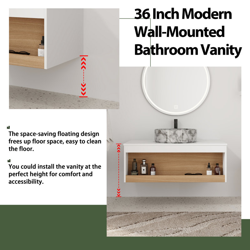 Ensemble de meuble-lavabo flottant 36 po - Design mural peu encombrant avec vasque, White with grey patterns